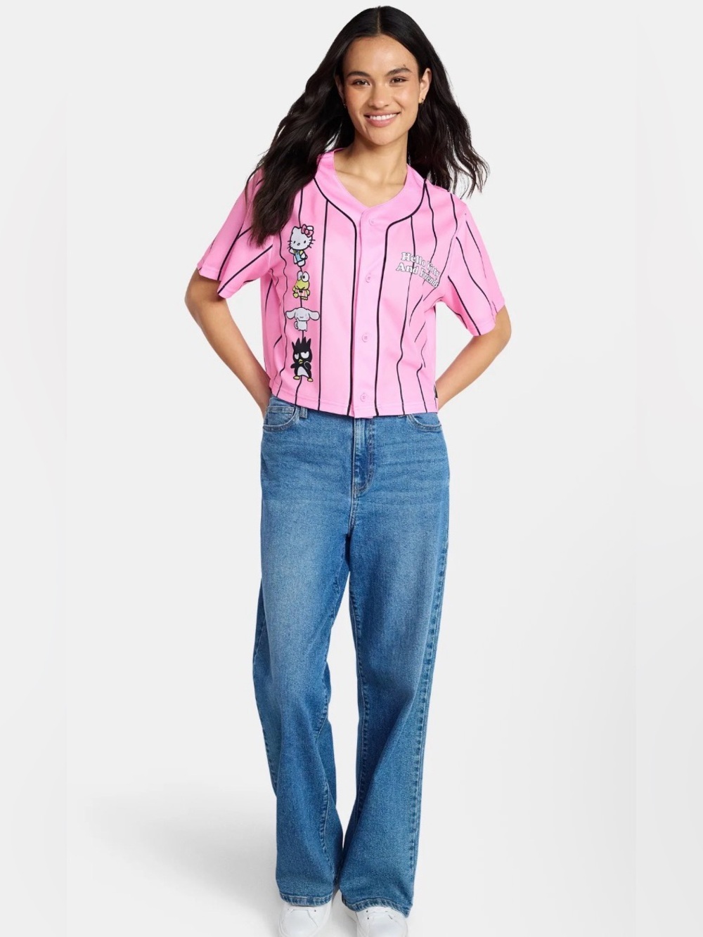 (431)Hello Kitty Pink Striped Baseball Jersey Top
